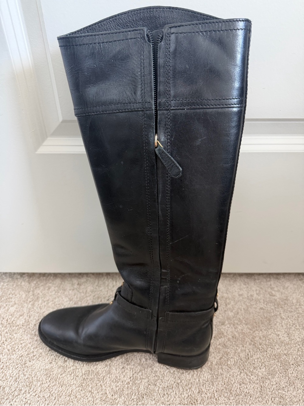 Tory Burch Black Leather Knee-High Boots with Gold Logo - Picture 3 of 16